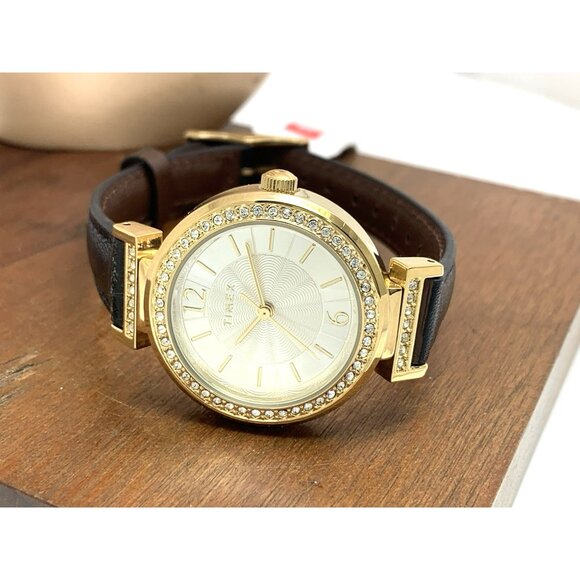 Timex Women's Watch TW2W48900 Indiglo Quartz Gold Black Leather Strap 31mm - Picture 8 of 14